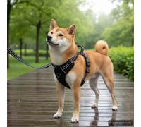 QUAHEAS Dog Harness Reflective Adjustable Black XL Polyester with 4 Straps and 2 Rings for Puppy Pet Training Walking Safety and Comfort