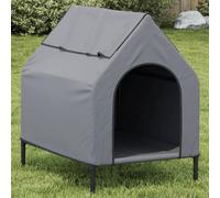 QUAHEAS Dog Kennel Light Grey Oxford Fabric and Steel, 90 x 65 x 85 cm, Weatherproof and Foldable, with Breathable Roof and Raised Base, Ideal as a Retreat for Puppies and Dogs in the Garden and
