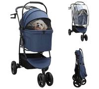 QUAHEAS Foldable Pet Pram Blue Polyester 78 x 54 x 101 cm with Brake, Mesh Window, Rain Cover and Basket Ideal for Dog Buggy, Cat Buggy, Transport and Walking