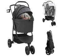 QUAHEAS Foldable Pet Trolley Polyester Black 78 x 54 x 101 cm with Brake, Mesh Window, Rain Cover, Basket and Bag for Dog Buggy Cat Buggy Outdoor Transport and Walking