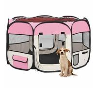 QUAHEAS Foldable Puppy Playpen with Steel Frame and Carry Bag, 110 x 110 x 58 cm, Pink Cream, Foldable, with Zip, Breathable Roof, Ideal for Training