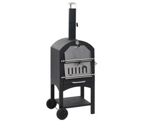 QUAHEAS Garden Charcoal Pizza Oven Powder-Coated Steel with Fireclay Stone 65 x 50 x 157 cm Includes Thermometer Mobile Table Oven with Wheels Ideal for Crispy Pizzas