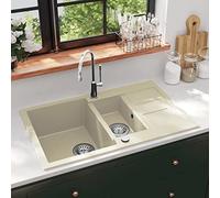 QUAHEAS Granite Sink, Double Basin, Beige Built-in Sink with Two Deep Basins, 800 x 500 mm, Scratch-Resistant, Heat Resistant up to 280°C, Reversible for Kitchen, Utility Room