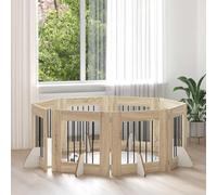 QUAHEAS Metal Dog Gate Foldable 8-Piece with Stands in Sonoma Oak 60 x 60 cm Indoor Modular Dog Kennel and Animal Enclosure for Home, Camping, Garden, Portable and Space-saving