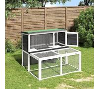 QUAHEAS Rabbit Hutch Grey Solid Pine 102 x 90 x 84.5 cm with Weatherproof Roof, Spacious Outdoor Run and Leak-Proof Tray for Rabbits, Guinea Pigs, Rodents, Small Animals