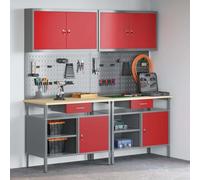 QUAHEAS Red and Grey Powder Coated Steel Workbench Set with Storage Space, Drawers, Perforated Wall and Tool Cabinet for Workshop, Garage and Hobby Room, 490 kg Load Capacity