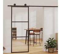 QUAHEAS Sliding Door with Tempered Glass and Aluminium Frame 76 x 205 cm Includes Fittings Set Made of Powder-Coated Steel, Soft-Stop Function for Silent Closing, Ideal as a Room Divider for Home