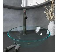 QUAHEAS Tempered Glass Round Sink 42 cm with Tap and Drain Fitting, Single Lever Basin Tap, Pop-Up Valve, for Bathroom, Guest Toilet and Sanitary Fittings, Includes Mounting Materials
