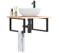 QUAHEAS Washbasin Top with Bracket, Solid Oak Wood, 60 x 60 x 2 cm, Black Steel Frame, Floating Shelf for Bathroom, Space-Saving, High Load Capacity