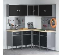 QUAHEAS Work Cabinet Set with Drawers, 12 Pieces, Black and Grey, Powder-Coated Steel and Wood Material, 255 x 55 x 200 cm, with Tool Storage, Organiser System, Perforated Wall, Shelf