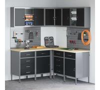 QUAHEAS Work Cabinet Set with Drawers, 12 Pieces, Black and Grey, Powder-Coated Steel and Wood Material, 255 x 55 x 200 cm, 10 Drawers, 8 Cam Locks