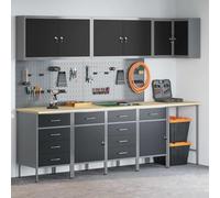 QUAHEAS Work Cabinet Set with Drawers 12 Pieces Black Grey Powder-Coated Steel and Wood Material 255 x 55 x 200 cm with Safety Locks and Adjustable Feet for Workshop and Garage
