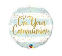 Qualatex 13445 On Your Communion Blue Stripes 18" Round Shaped Foil Balloon