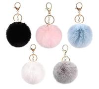 QUALDESN 5 Pcs Pom Pom Keyrings, Fluffy Keyring Soft Plush Charm Ring Keyfob, Cute Soft Keyring Charm Hanging with Car Key Backpack Handbag, Backpack for Woman Girls Birthday Mother's Day Gifts (8cm)