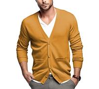 QUALFORT Mens Cardigan Sweater 100% Cotton Pockets Casual Slim Fit V-Neck Knitted Mustard Sweaters Button up Mustard X-Large