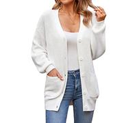 QUALFORT Women's 100% Cotton Cardigan Sweaters for Women Button Down Oversized Knit Outerwear with Pockets Fall Cardigan 2025, Off-white, L