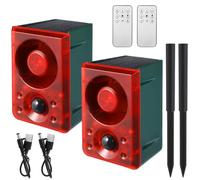 Qualirey 2 Pcs Solar Outdoor Motion Sensor Alarm with Stake Gunshot Sound Dog Barking, 3 Modes Support Recording and Adjustable Volume USB Charging 129 dB Loud Noise Maker for Animal Deterrent