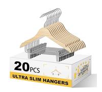 Quality 12-Inch Kids Wooden Pants & Skirt Hangers with Clips - 20-Pack - Ultra Slim 0.31'' Plywood Design with Swivel Hook & Adjustable Rubber Grip Clips - Closet Space Saver (Natural, 20 Pack)