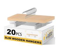 Quality 14" Slim Wooden Skirt & Pant Hangers with Clips - 20 Pack - Space-Saving 0.3" Thin Plywood Hanger - 10 lb Capacity - Adjustable Non-Slip Clips, 360° Swivel Hook (Natural, 20 Pack)