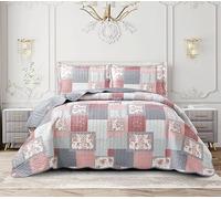 Quality Beddings 3-Piece Printed Patchwork Quilted Bedspread | Breathable & Reversible Coverlet Set | Soft Touch Microfibre & Machine Washable Floral Bedspreads (Fine Decor, Double - 250x250cm)