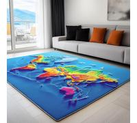 Quality Blue Rug with Non-Slip Backing, Machine Washable 3D World Map Gradient Carpet, 80 x 150 cm Easy Care Pile Indoor Rugs for Kitchen, Dining Room, Bedroom