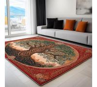 Quality Dark Red Rug with Non-Slip Backing, Machine Washable Exquisite World Tree Mysterious Carpet, 60 x 120 cm Easy Care Pile Indoor Rugs for Kitchen, Dining Room, Bedroom