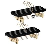 Quality Hangers Black Wooden Pants Hangers - 10-Pack Swivel Hook Cloth Hanger Set - Lotus Wood Skirt, Pant, Shorts and Slack Hangers with Adjustable Clip - Black Clothing Hanger (Gold Hook, 10)