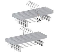 Quality Hangers Wooden Pants Hangers - 10-Pack Swivel Hook Cloth Hanger Set - Lotus Wood Skirt, Pant, Shorts and Slack Hangers with Adjustable Clip - Gray Clothing Hanger (Gray, 10)