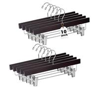 Quality Hangers Wooden Pants Hangers - 10-Pack Swivel Hook Cloth Hanger Set - Lotus Wood Skirt, Pant, Shorts and Slack Hangers with Adjustable Clip - Mahogany Clothing Hanger (Mahogany, 10)