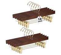 Quality Hangers Wooden Pants Hangers Skirt Hanger Jeans Hanger Bottom Hanger, Swivel Hook, Adjustable Clips Walnut - Gold Hook 10
