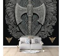 Quality Non-Woven Wallpaper 157 x 112 inch (W x H), Mural Realistic Symbols Axe Vikings Photo Wallpaper 3D Effect - Dark Grey Print Bedroom Living Room Background Decoration Poster
