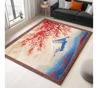 Quality Red Rug with Non-Slip Backing Machine Washable Traditional Japan Mount Fuji Cherry Blossoms Carpet 60 x 120 cm Easy Care Pile Indoor Rugs for Kitchen, Dining Room, Bedroom