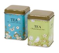 Quality Set of 2 - Cottage Garden - Traditional Retro VIntage Small Square 50g Tea Caddy/Kitchen Storage Tins - BLUE/GREEN - 8.5cm