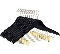 Quality Wooden Skirt Hangers with Clips, 10-Pack Smooth Solid Wood Pants Hangers with Durable Adjustable Metal Clips, Swivel Hook, Coat, Jacket, Blouse Suit Hangers (Black - Gold Hook, 10)