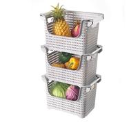 Qualiware 3 Pack Stacking Baskets Storage Veg Rack Plastic Storage Bins for Organising Fruits Condiments Toiletries Snacks Kitchen Bathroom, Stackable 21 × 33 × 60 Centimeter with Wheels (Grey)