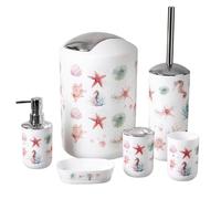Qualiware Bathroom Accessory Set 6 Pieces Luxury Modern Vanity Bath Accessories Bath Set Toilet Brush with Holder, Soap Dish, Lotion Dispenser, Toothbrush Holder, Tumbler, Trash Bin (Seahorse)