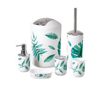 Qualiware Bathroom Accessory Set 6 Pieces Luxury Modern Vanity Bath Accessories Bath Set Toilet Brush with Holder, Soap Dish, Lotion Dispenser, Toothbrush Holder, Tumbler, Trash Bin (Leaves)