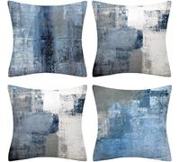 QUALKNOY Set of 4 Velvet Cushion Covers 45x45 cm Navy Blue Gray Abstract Art Modern Decorative Throw Pillow Cases 18"x18" for Living Room Sofa Garden Outdoor Courtyard Home Decor Pillowcases