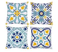 QUALKNOY Velvet Cushion Covers 45 x 45cm Pack of 4 Blue Yellow Modern Boho Mandala Floral Decorative Throw Pillow Covers 18"x18" for Sofa Living Room Outdoor Garden Home Decor Pillowcases