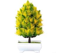 Qualoramall Artificial Pine Tree Bonsai 22cm Fake Plastic Silk Plant Potted Flower Decor for Home Office Desktop Shelf Garden Decoration No Watering Required Green(Yellow)