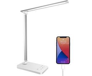 Qualore Desk Lamp, LED Table Lamps with USB Charging Port, 5 Color Mode,5 Brightness Level, Touch Control, 45 Min Auto Timer, Relax Mode, Daylight Bedside Light for Home Office Study Bedroom Nail Kids