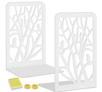 Qualsen 2 Pieces(2 Pairs) Book Ends, Tree and Bird Bookends, Book Ends for Shelves, Duty Metal Bookend，Book Stopper for Home Office Desk, Back to School Supplies (White)