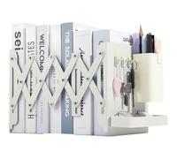 Qualsen Book Ends, Adjustable Bookends Non-Skid Heavy Duty Book Ends for Shelves, White Metal Bookends With Hook, Pen Holder, Catch all Tray Office Accessories for Library Home Classroom School Office