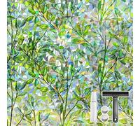 Qualsen Privacy Film for Glass Windows Stained Glass Window Film, 30x100cm | Green Leaf Patterned Window Films with Tools, Rainbow Decorative Effect, Static Cling Anti UV, for Home Bedroom Office