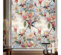 Qualsen Privacy Film for Glass Windows Stained Glass Window Film, 60x200cm | Magnolia Flower Patterned Window Films with Tools, Rainbow Decorative Effect, Static Cling Anti UV, for Home Bedroom Office