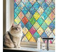 Qualsen Privacy Film for Glass Windows Stained Glass Window Film, 90x200cm | Diamond Patterned Window Films with Tools, Rainbow Decorative Effect, Static Cling Anti UV, for Home Bedroom Office
