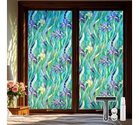 Qualsen Window Film Privacy Film Stained, Green Leaf Floral, 30x100cm | Stained Glass Window Films Patterned, with Tools, Anti UV Non Adhesive Static Cling, Decorative for Home Kitchen Bedroom