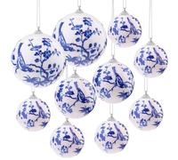 Quancru 10 Pcs White and Blue Christmas Chinoiserie Ornaments Ball Fabric Wrapped Hanging Christmas Ball Decoration DIY Wedding Winter Party Xmas Tree