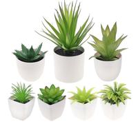Quancru 7 Pack Small Fake Plants Artificial Succulent Plants in White Pots Artificial Greenery for Room Home Bathroom Bedroom Office Modern Decor