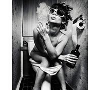 QUANHUA Sexy Woman Fashion Toilet Canvas Prints, Artwork Picture Modern Bar Girl Smoking and Drinking In Toilet Black and White Painting Photo Poster- Unframed,A,50x70cm